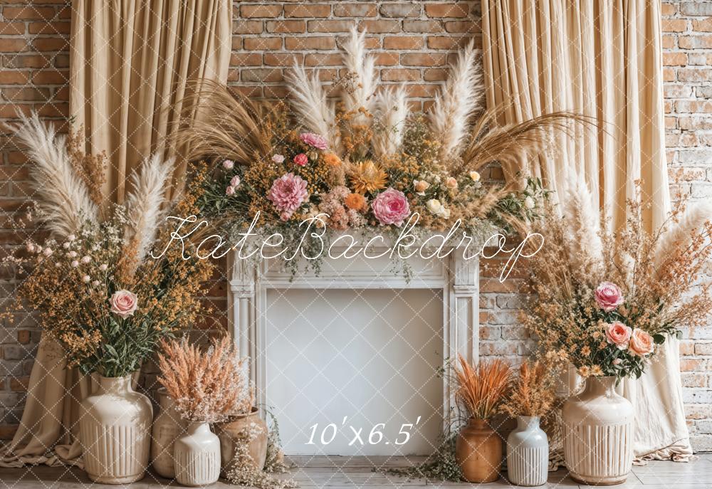 Kate Boho Floral Fireplace Curtain Beige Backdrop Designed by Emetselch