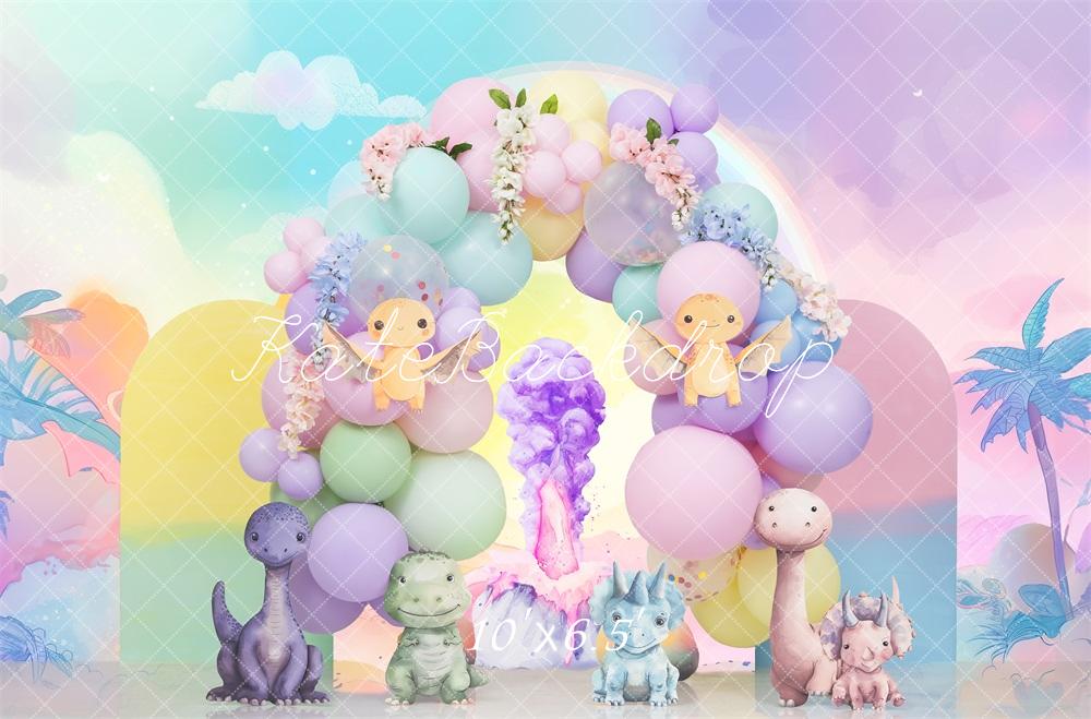 Kate Cake Smash Pastel Dino Colorful Balloon Arch Backdrop Designed by Mini MakeBelieve