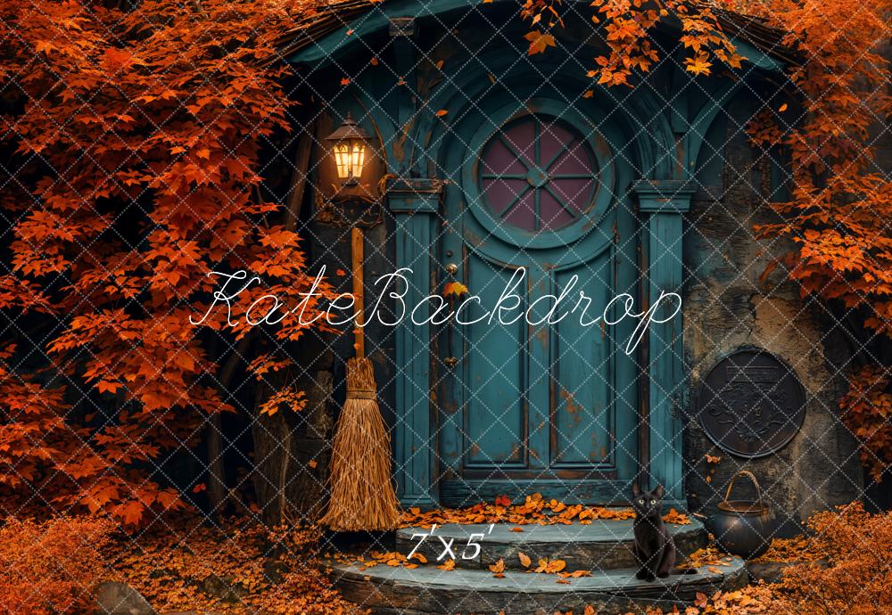 Kate Fall Red Maple Leaf Blue Arch Door Backdrop Designed by Emetselch