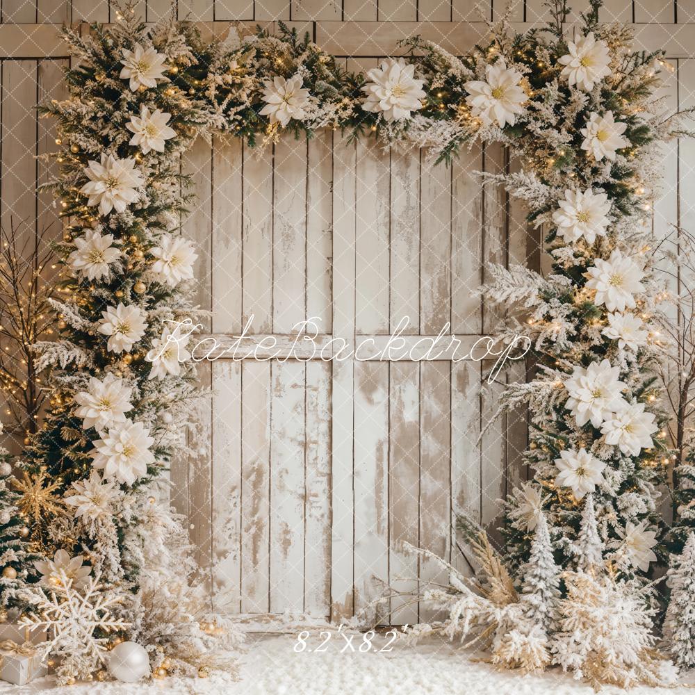 Arco de Flores Blanco de Navidad Fine Art con Fondo de Madera Rayada Diseñado por Emetselch