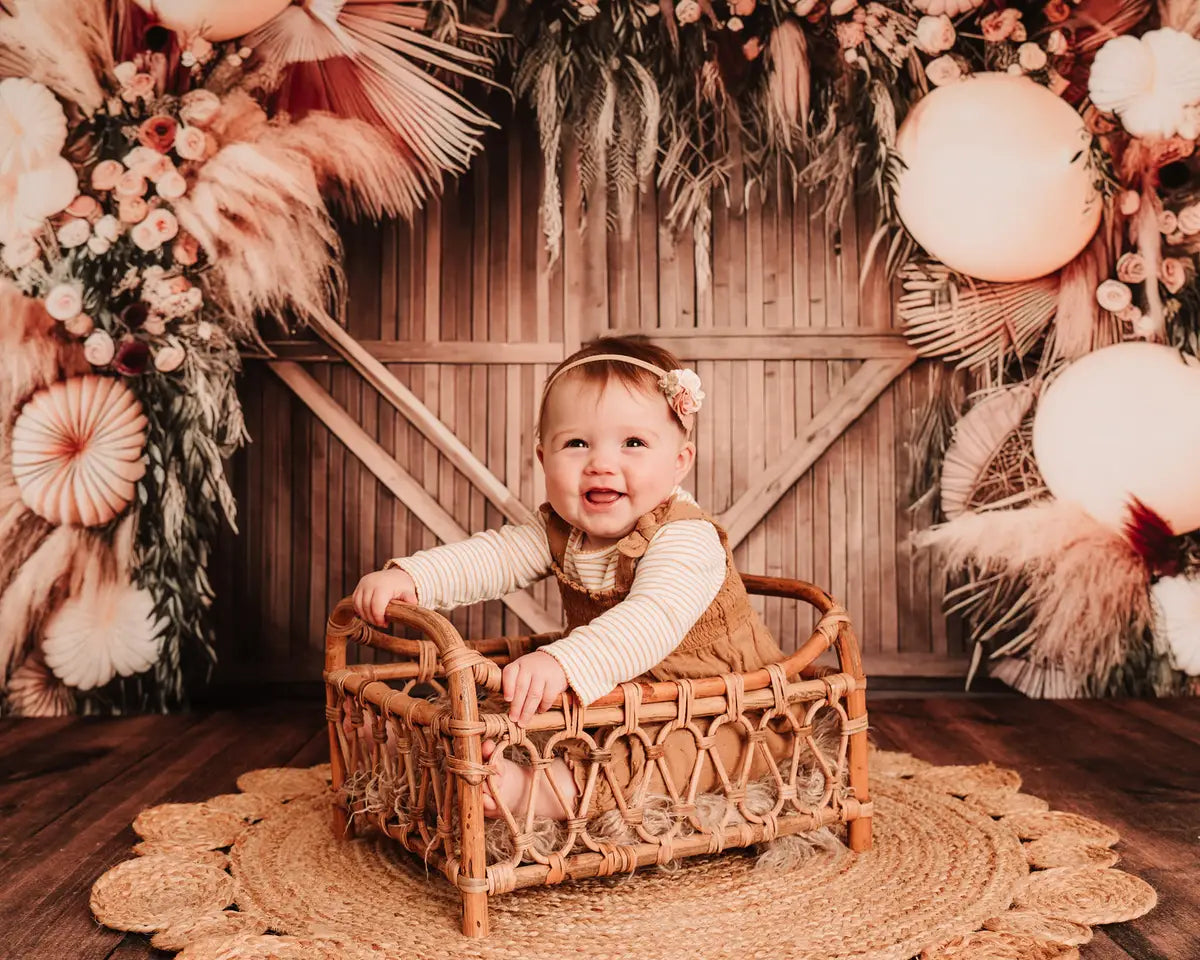 Kate Painterly Fine Art Boho Flower and Big Balloon Arch in Barn Cake Smash Birthday Backdrop Designed by Mini MakeBelieve