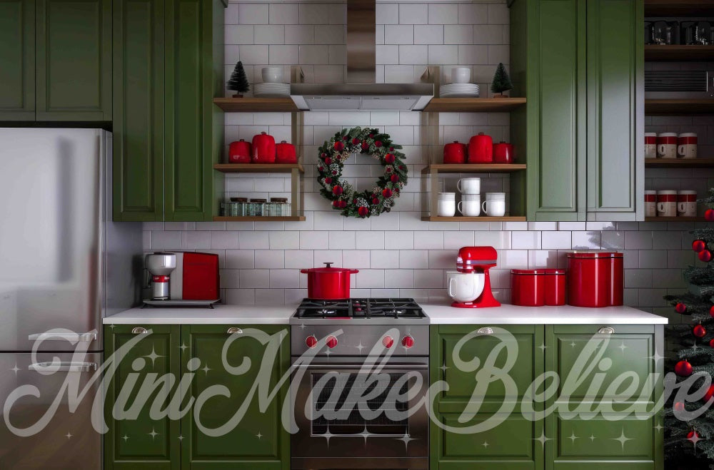 Kate Christmas Vintage Green Kitchen White Brick Wall Backdrop Designed by Mini MakeBelieve