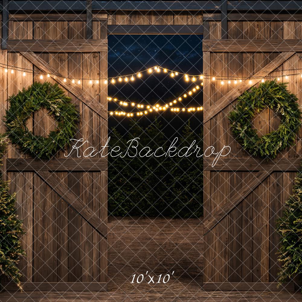 Kate Christmas Tree Barn Brown Wood Door Backdrop Designed by Emetselch