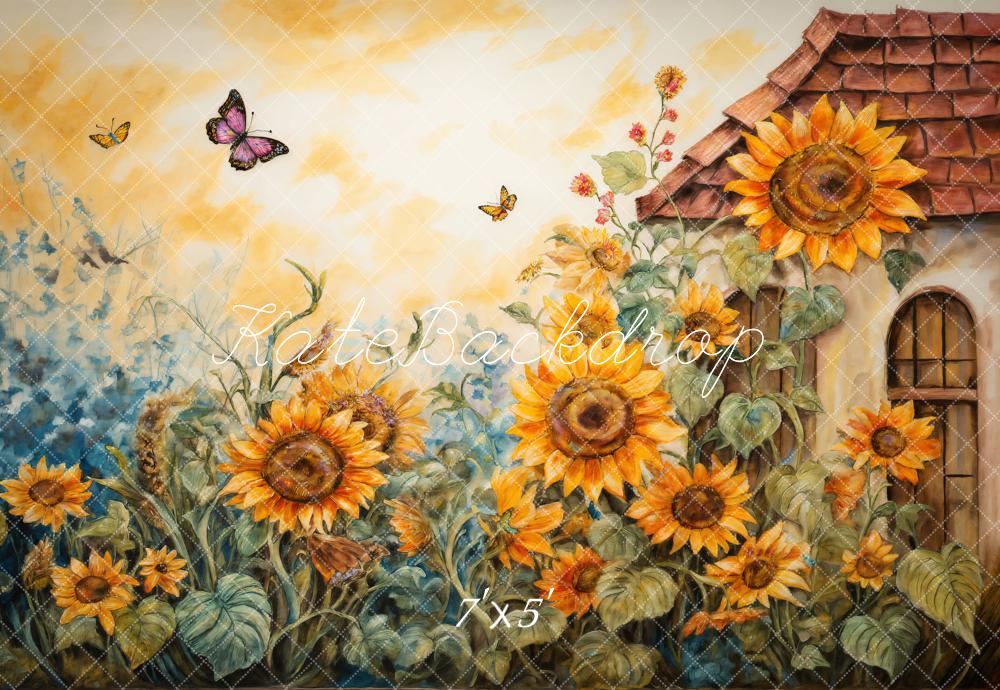 Fantasy Cartoon Watercolor Sunflower Garden House Backdrop Designed by GQ