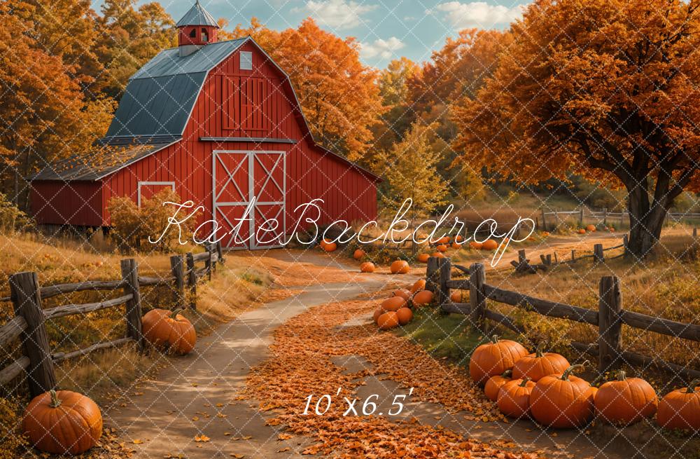 Kate Fall Sunflower Pumpkin Red House Forest Path Backdrop Designed by Emetselch