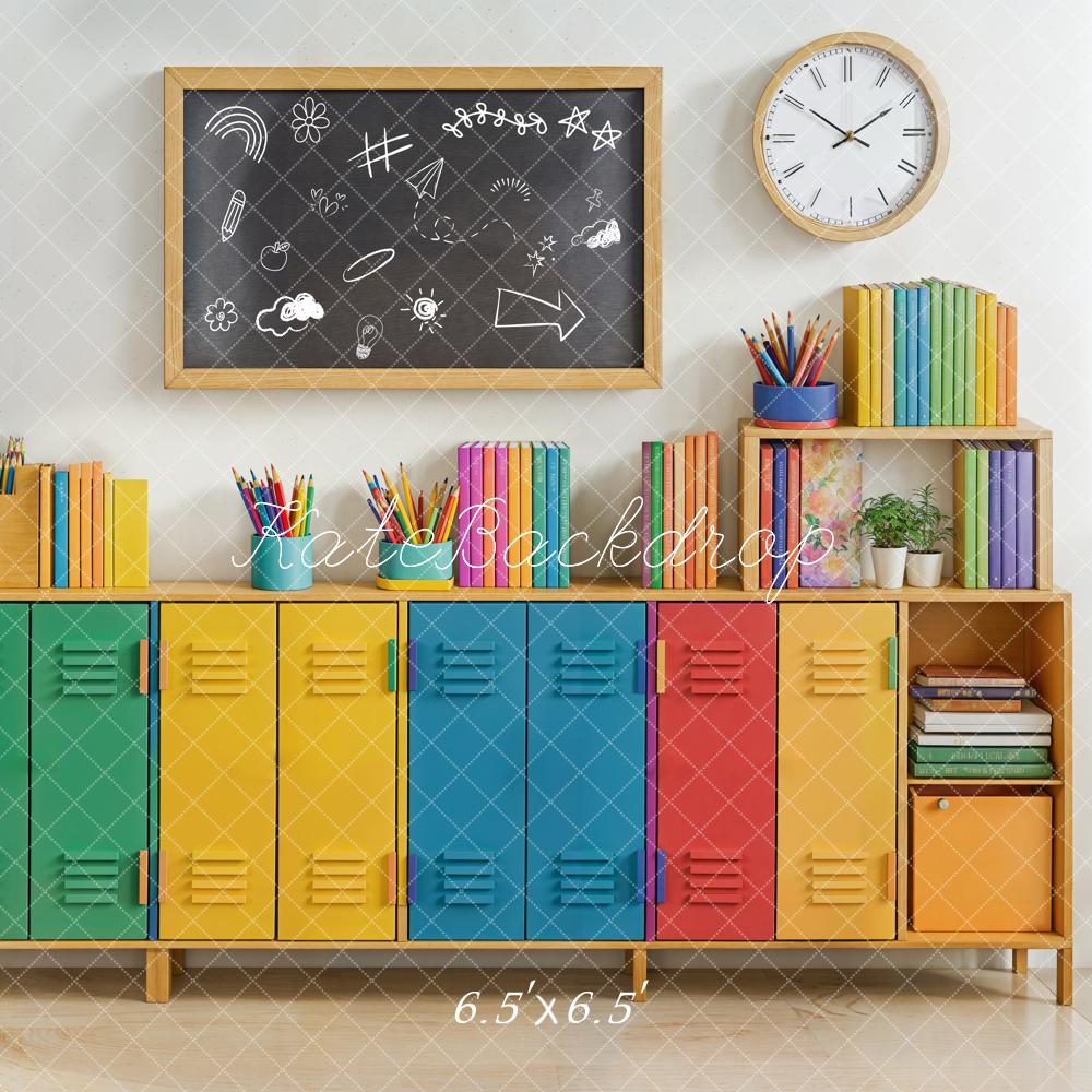 Back to School Kleurrijke Lockers Schoolbord Boeken Foto Achtergrond Designed by Emetselch