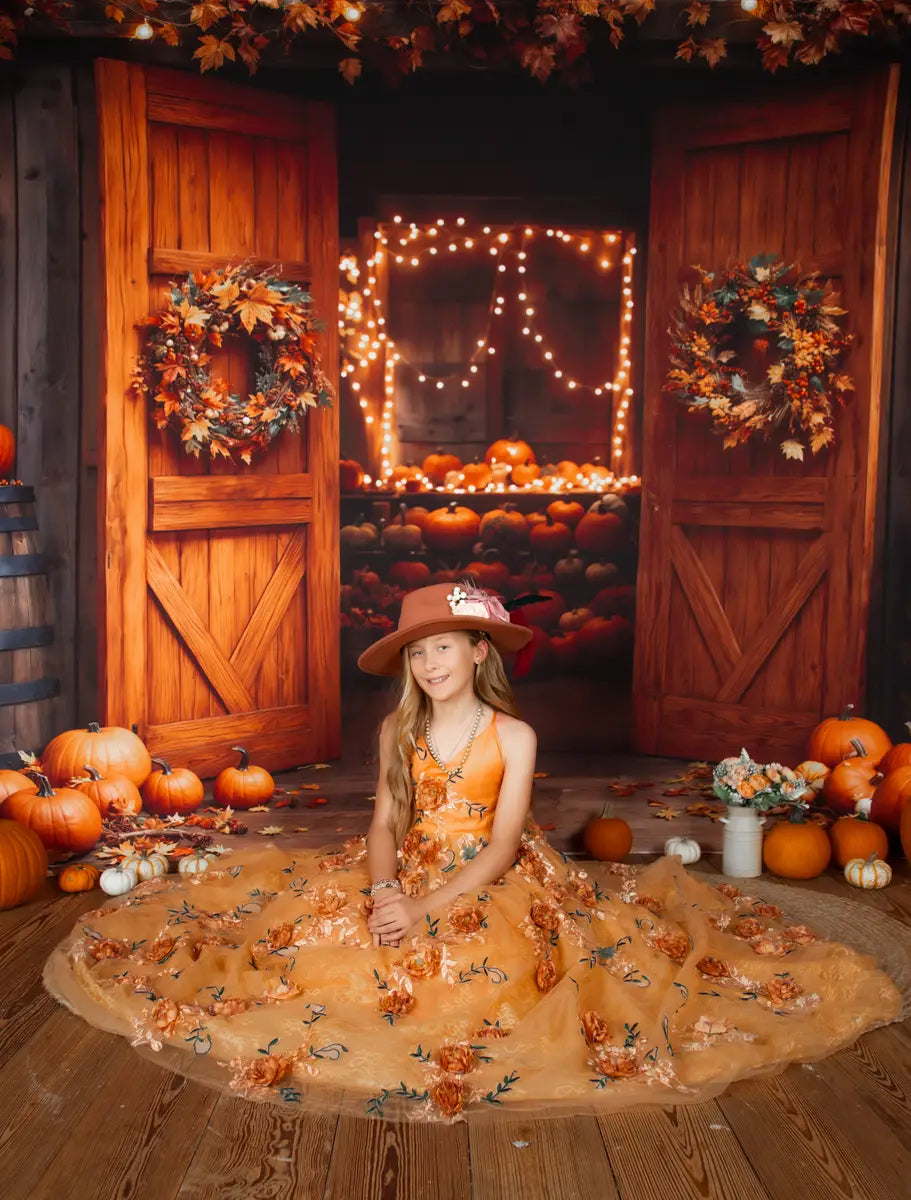 Kate Fall Barn Wooden Door Pumpkins Backdrop Designed by Emetselch