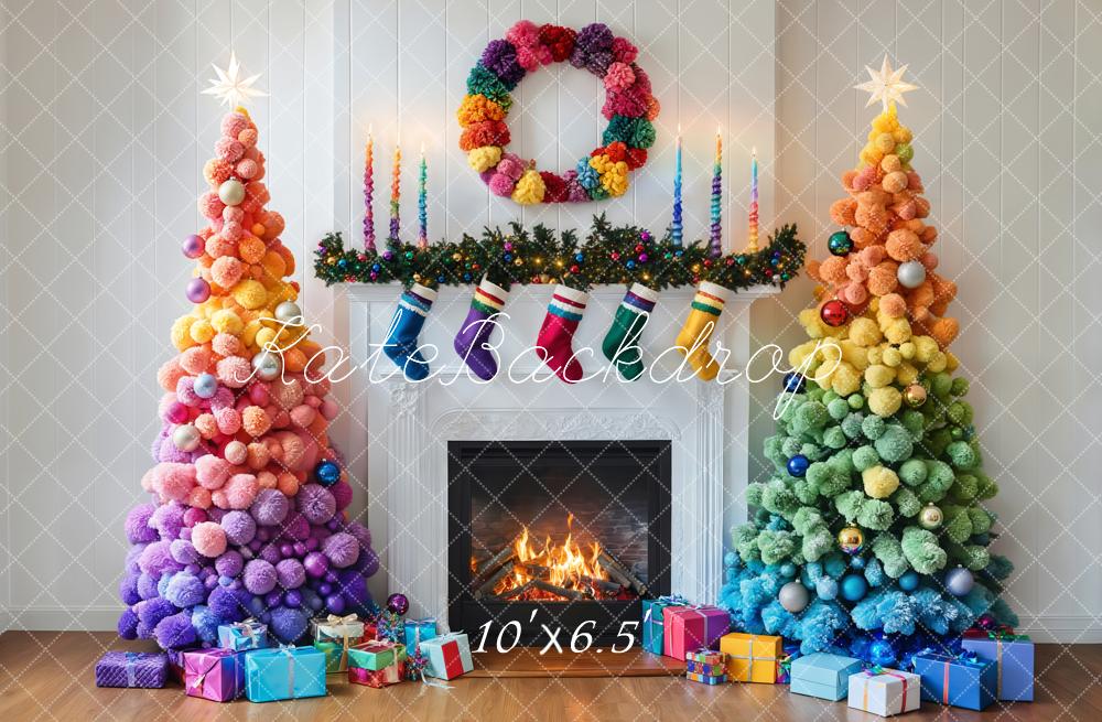 Kate Colorful Christmas Trees Fireplace Backdrop Designed by Emetselch