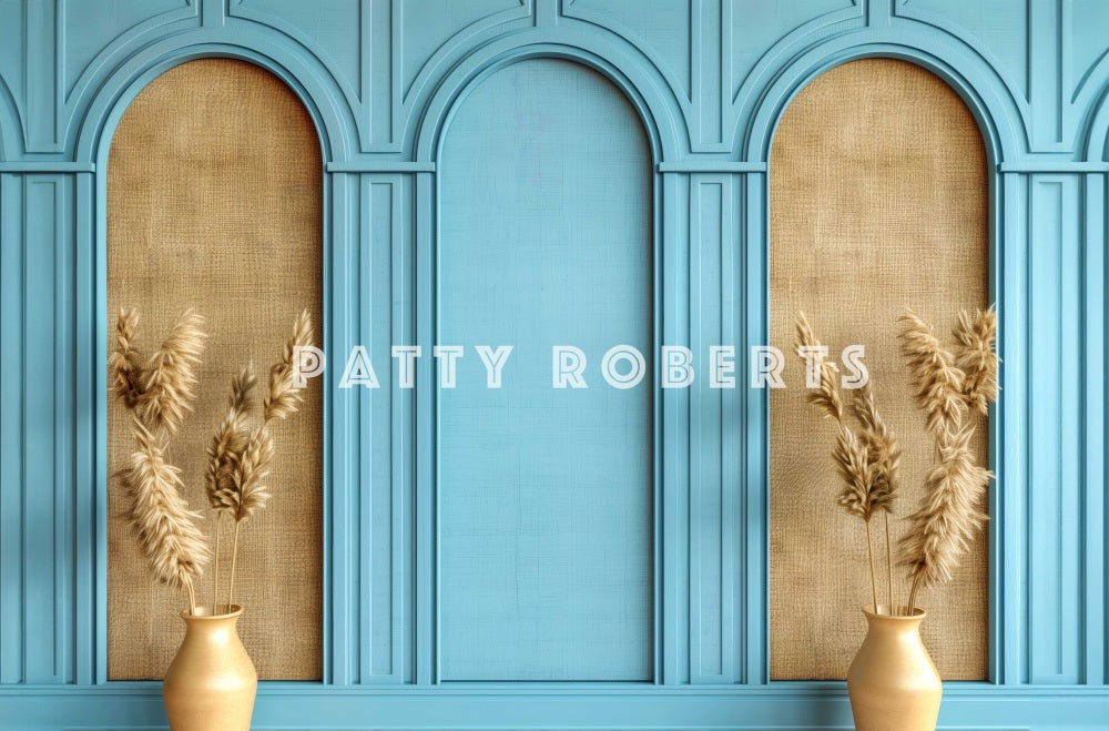 Boho Blu e Marrone Retro Arco Murale Sfondo Disegnato da Patty Robert