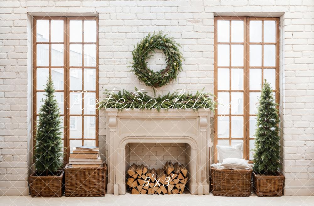 Kate Christmas Beige Retro Fireplace White Brick Wall Backdrop Designed by Emetselch