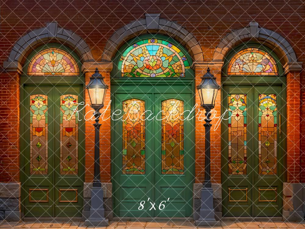 Kate Retro Green Door Stained Glass Window Street Backdrop Designed by Emetselch