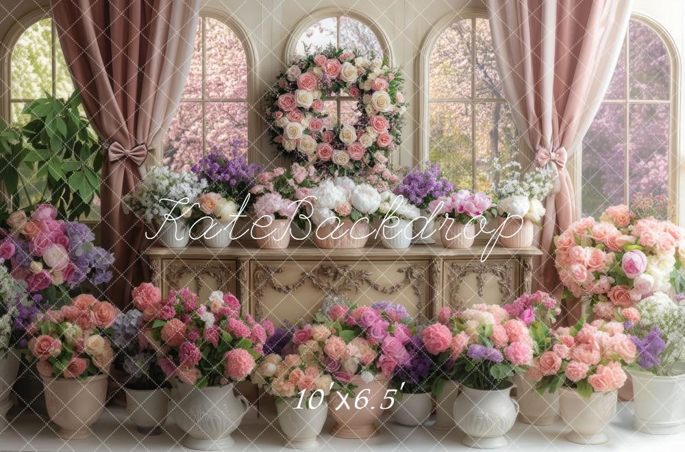 Kate Spring Floral Arched Window Pink Backdrop Designed by Mini MakeBelieve