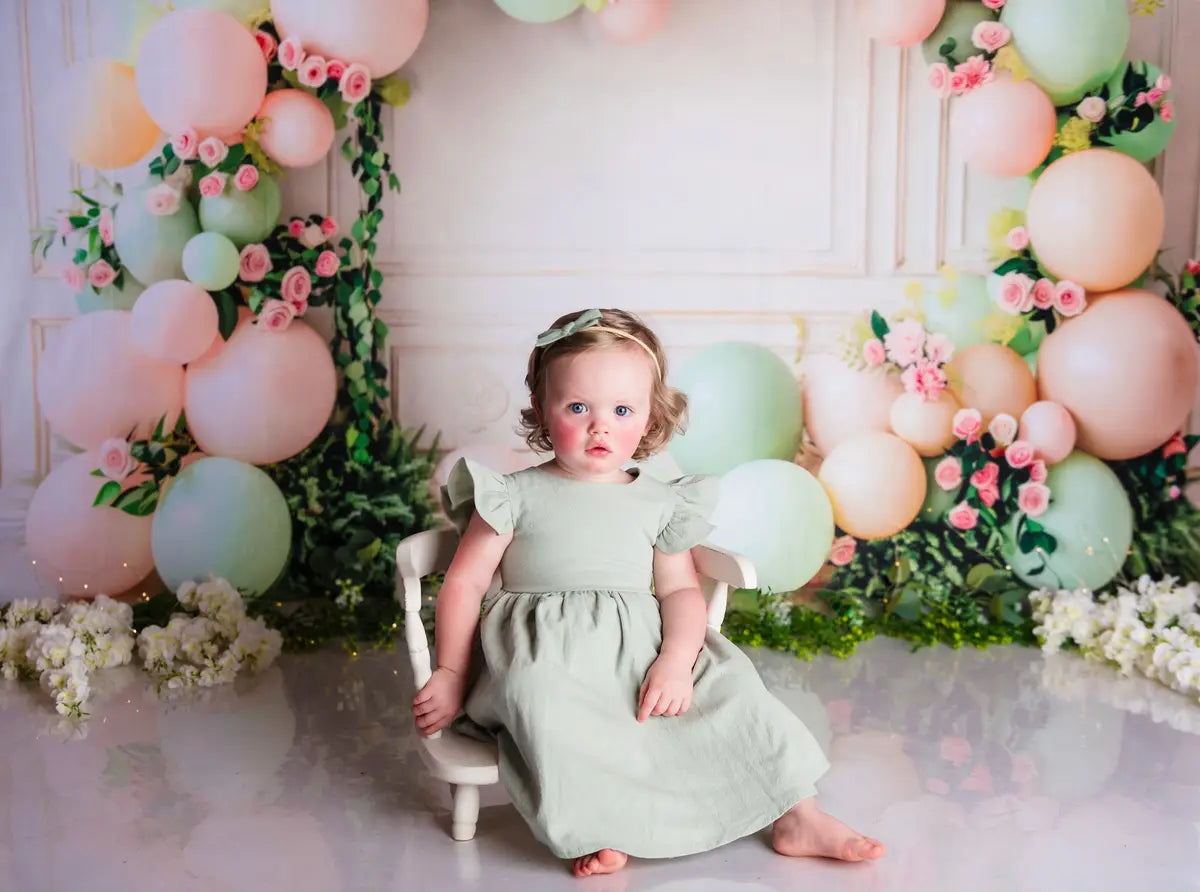 Kate Birthday Pink Rose Green Balloon Arch White Retro Wall Backdrop Designed by Patty Robert