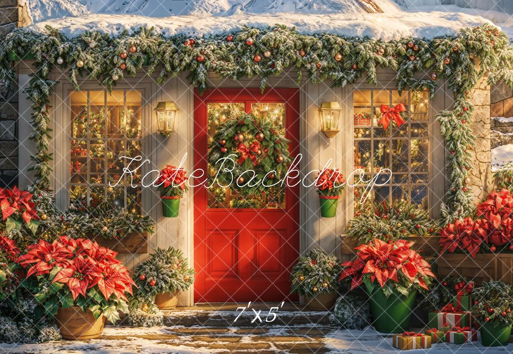 Kate Christmas Snowy House Poinsettia Backdrop Designed by Emetselch