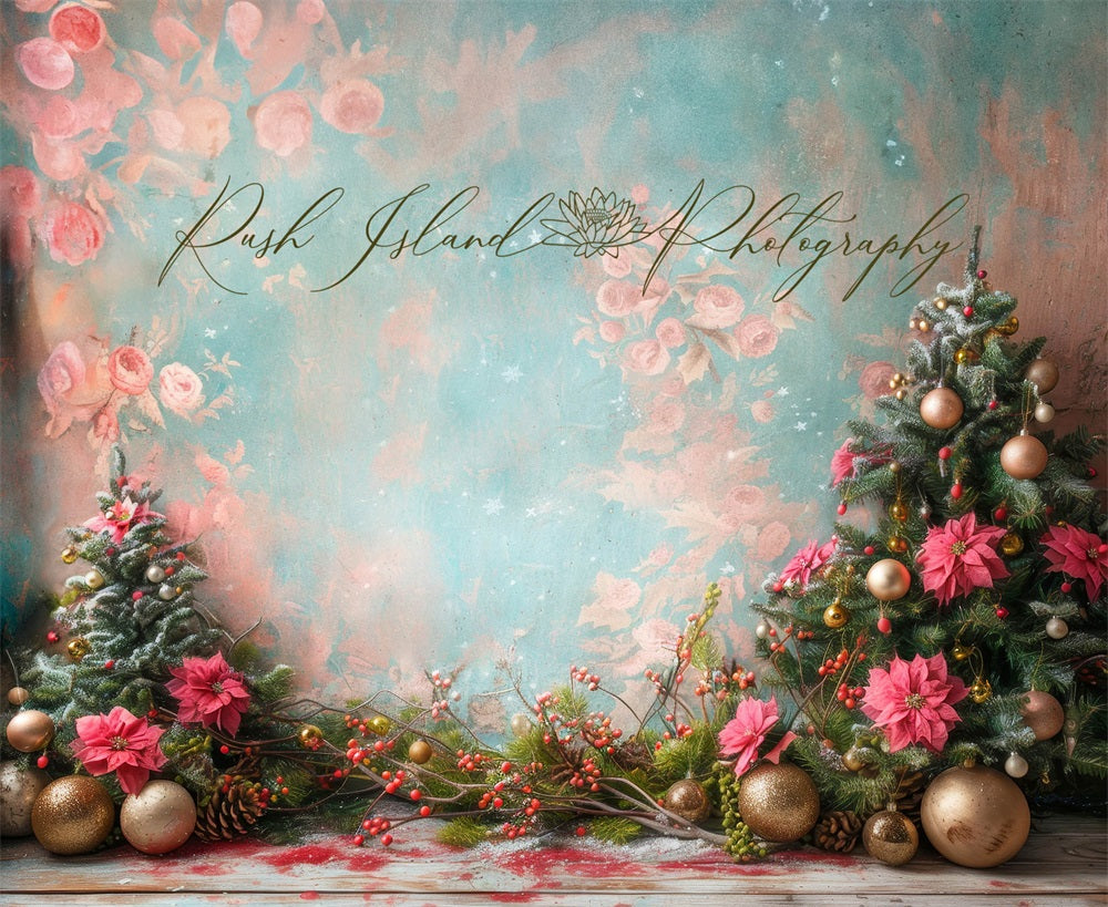 Árbol de Navidad Rosa Arte Floral Poinsettia Fondo Diseñado por Laura Bybee