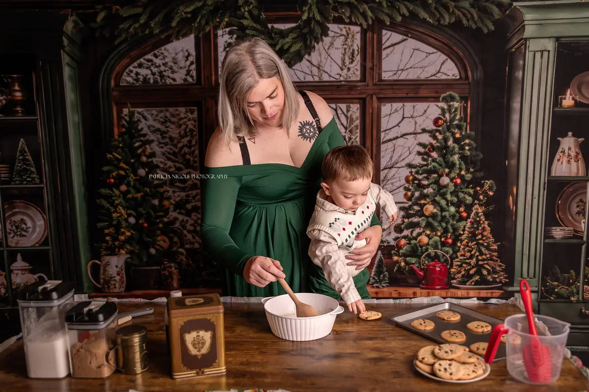 Fondo de cocina retro en tonos verde oscuro para Navidad diseñado por Emetselch