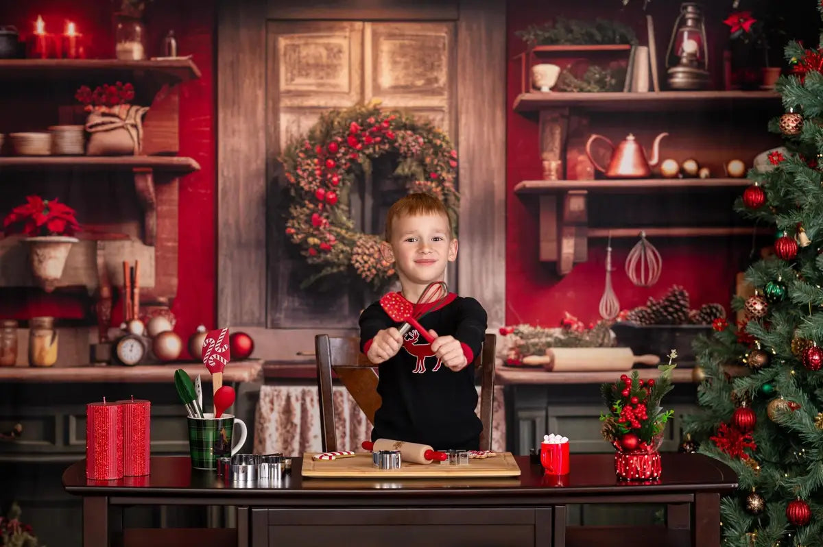 Kate Red and Green Christmas Kitchen Fleece Backdrop Designed by Mandy Ringe Photography