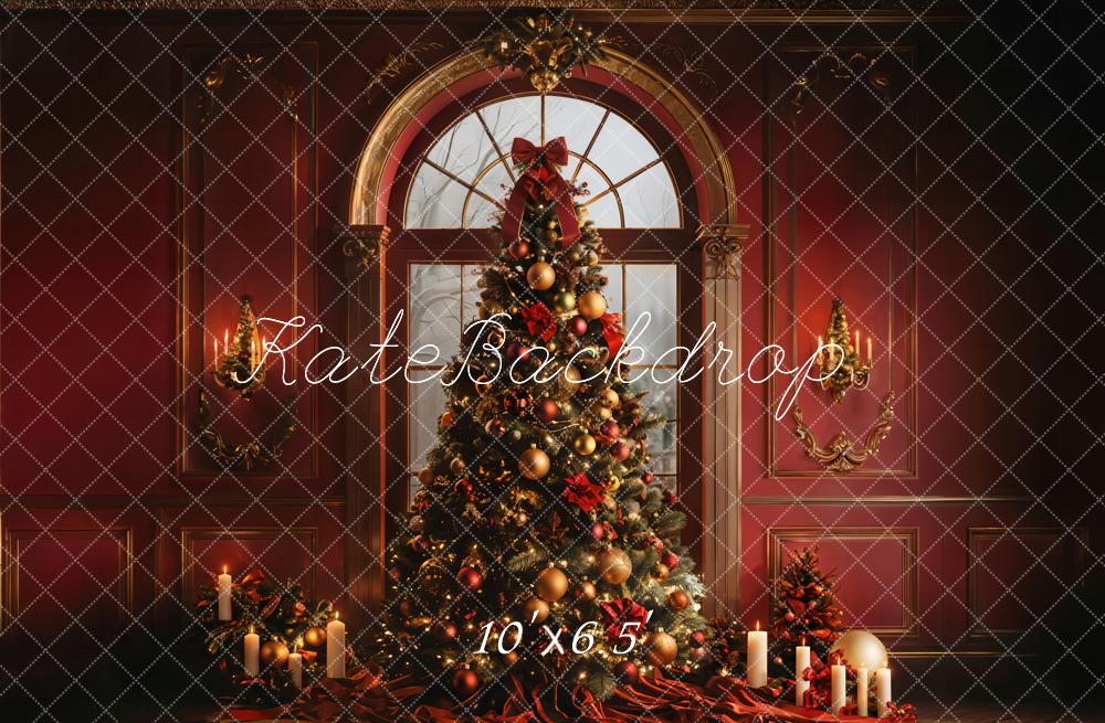 Kate Winter Christmas Tree Arched Window Red Retro Wall Backdrop Designed by Emetselch