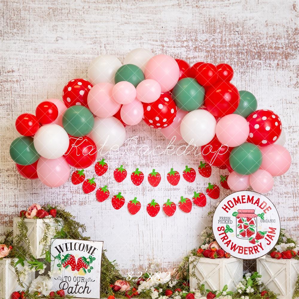 Kate Cake Smash Strawberry Patch Red Balloon Arch Backdrop Designed by Megan Leigh Photography