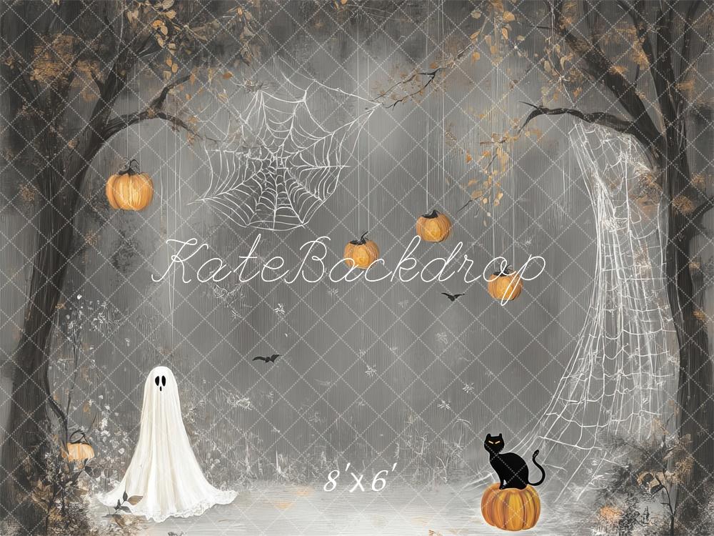 Halloween Cartoon Ghost and Spider Web Foto Achtergrond Designed by Lidia Redekopp