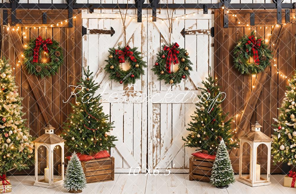 Kate Christmas Tree White Wooden Barn Door Brown Wall Backdrop Designed by Emetselch