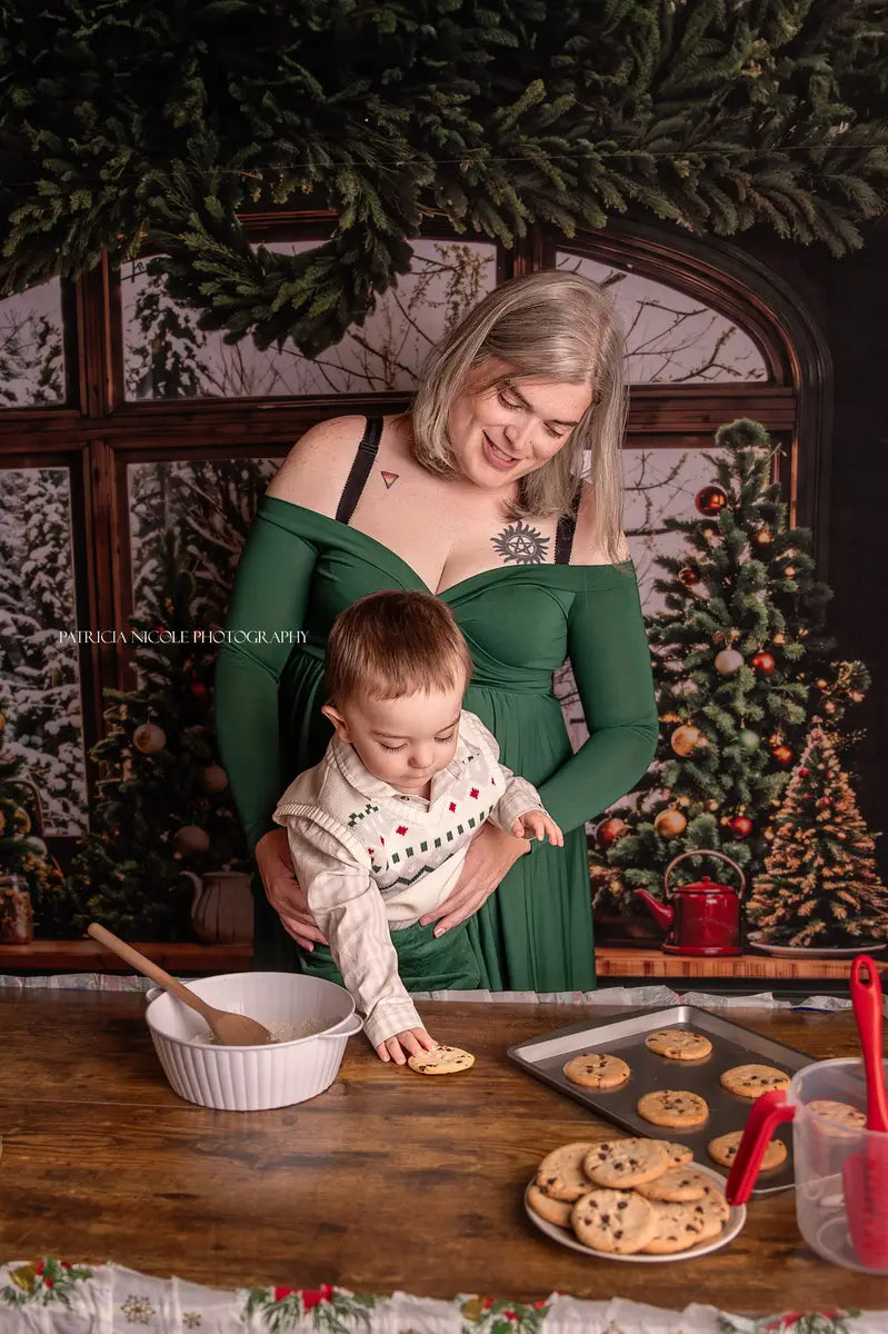 Fondo de cocina retro en tonos verde oscuro para Navidad diseñado por Emetselch