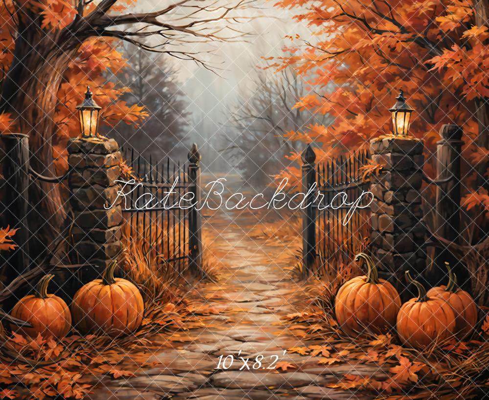 Kate Fall Forest Pumpkin Black Retro Gate Backdrop Designed by GQ