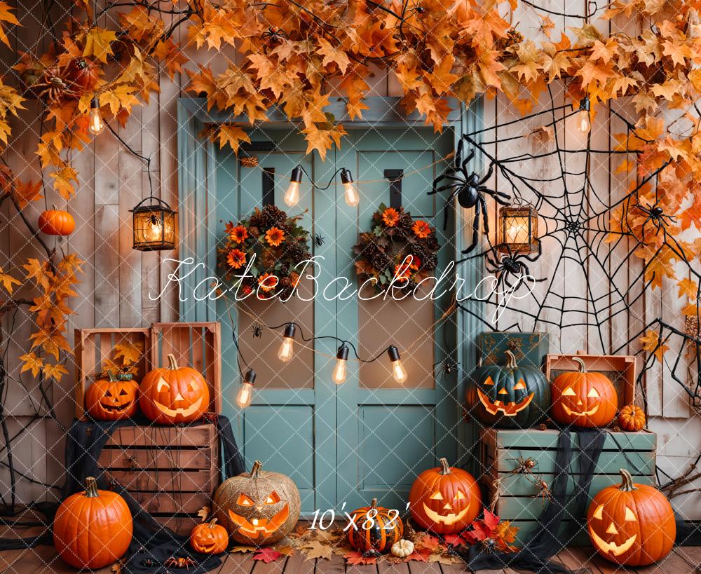 Kate Halloween Pumpkin Maple Blue Wood Door Backdrop Designed by Emetselch