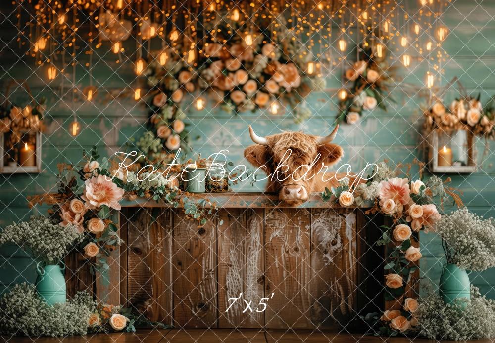 Bloemen Cow Green Wall Rustic Decor Foto Achtergrond Designed by Patty Robert