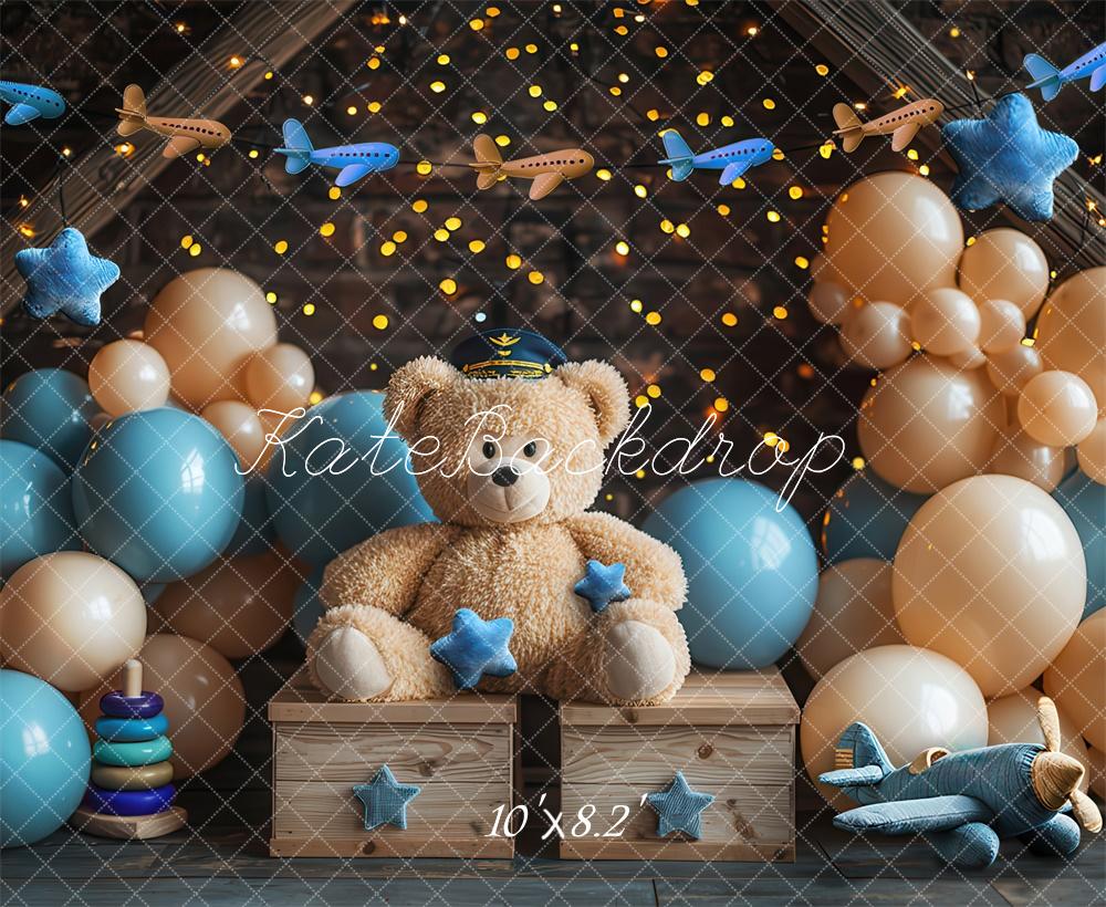 TEST Kate Cake Smash Teddy Bear Airplane Pilot Balloon Backdrop Designed by Laura Bybee