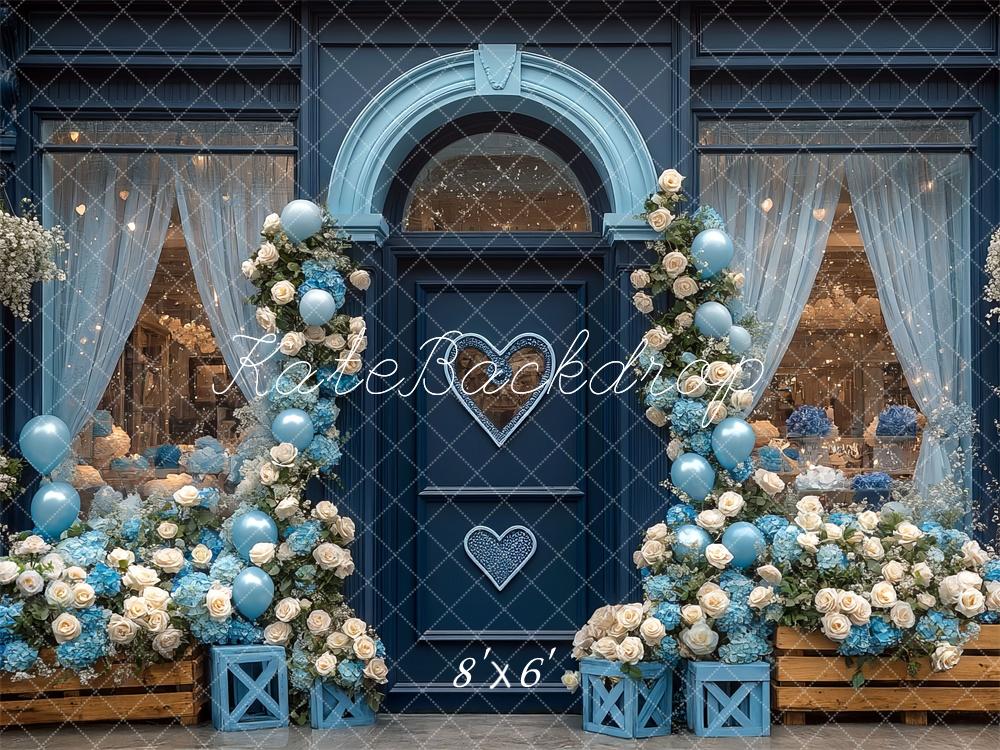 Kate Valentine Blue Floral Shop Arch Backdrop Designed by Mini MakeBelieve