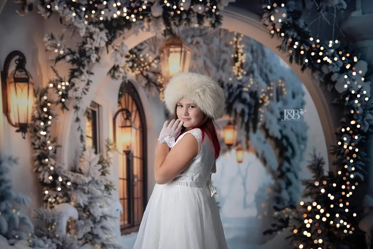 Kate Winter Retro White Flower Christmas Arch Hallway Backdrop Designed by Emetselch