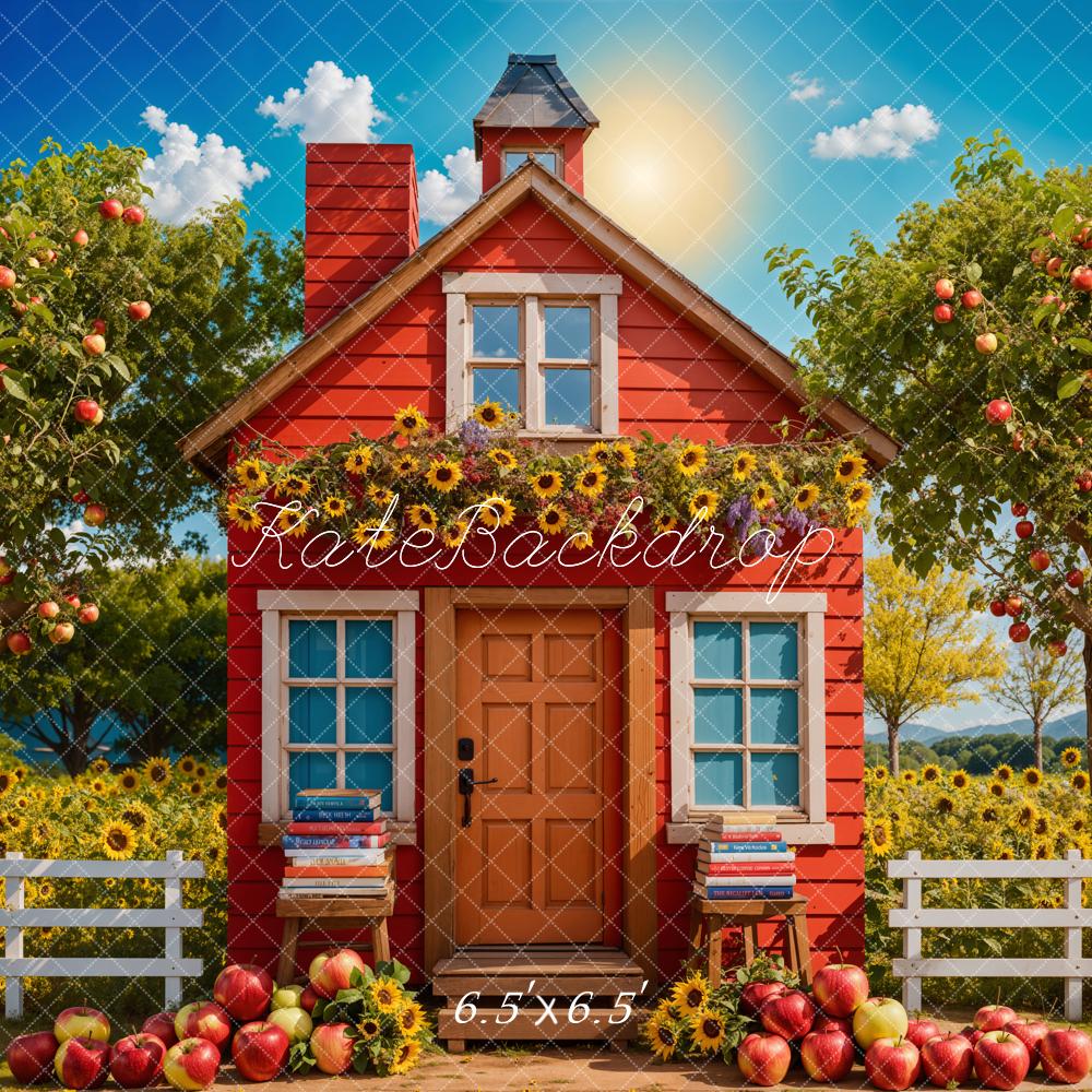 Kate Back to School Sunflower Apple Orchard Red House Backdrop Designed by Chain Photography