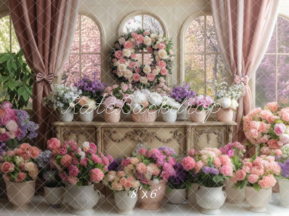 Kate Spring Floral Arched Window Pink Backdrop Designed by Mini MakeBelieve