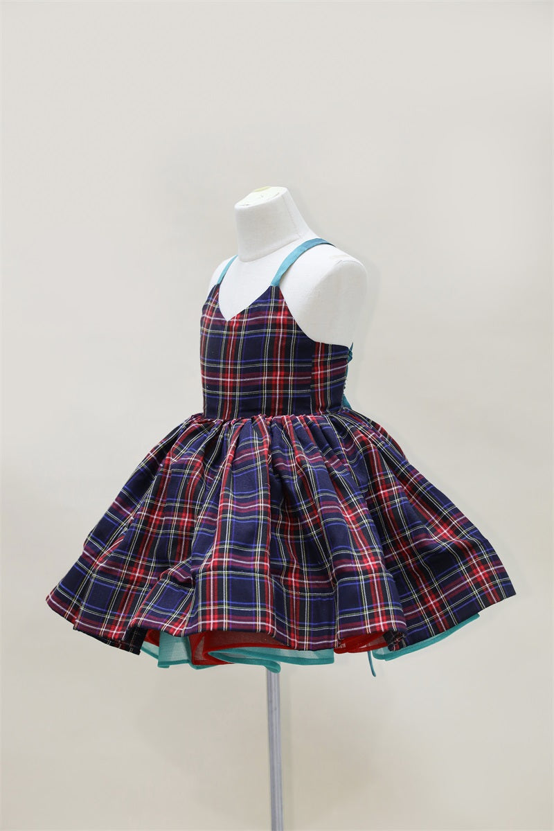 Kate Christmas Plaid Lace-Up Kids Dress for Photography