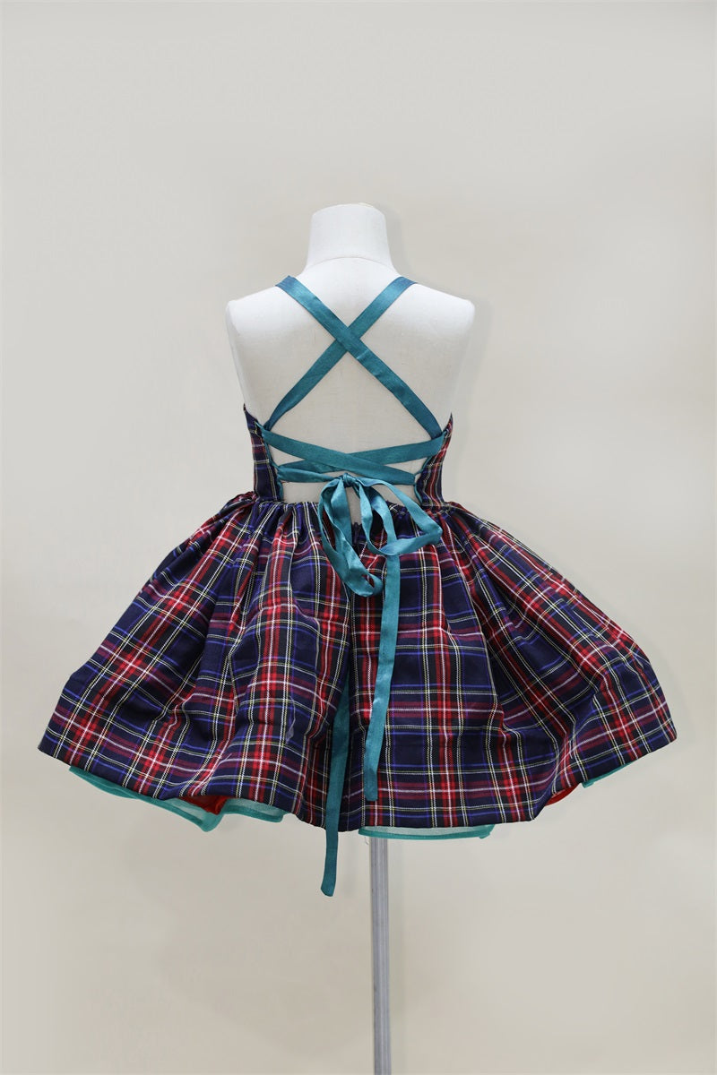 Kate Christmas Plaid Lace-Up Kids Dress for Photography