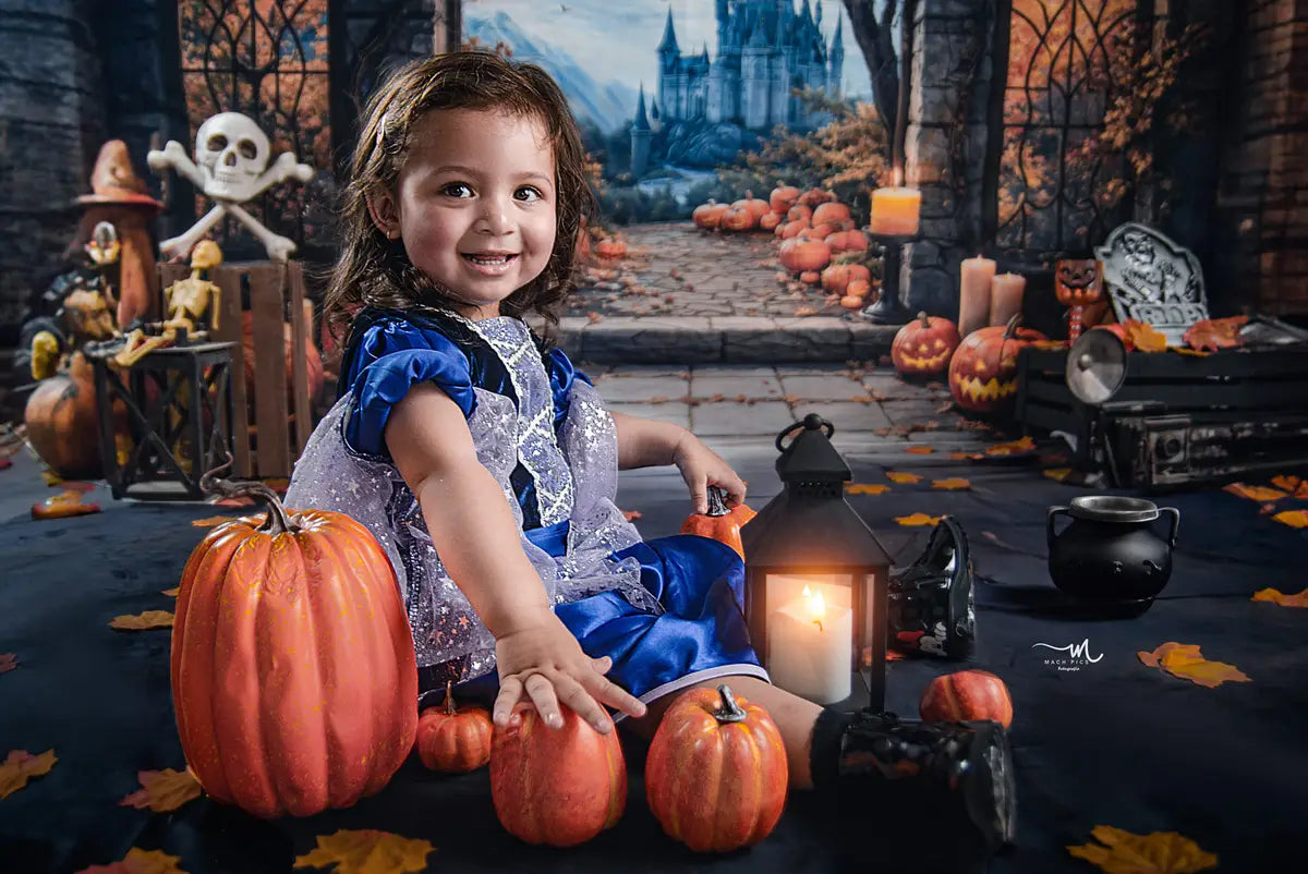 Kate Halloween Arch Maple Castle Pumpkin Backdrop+Stone Pavement Floor Backdrop