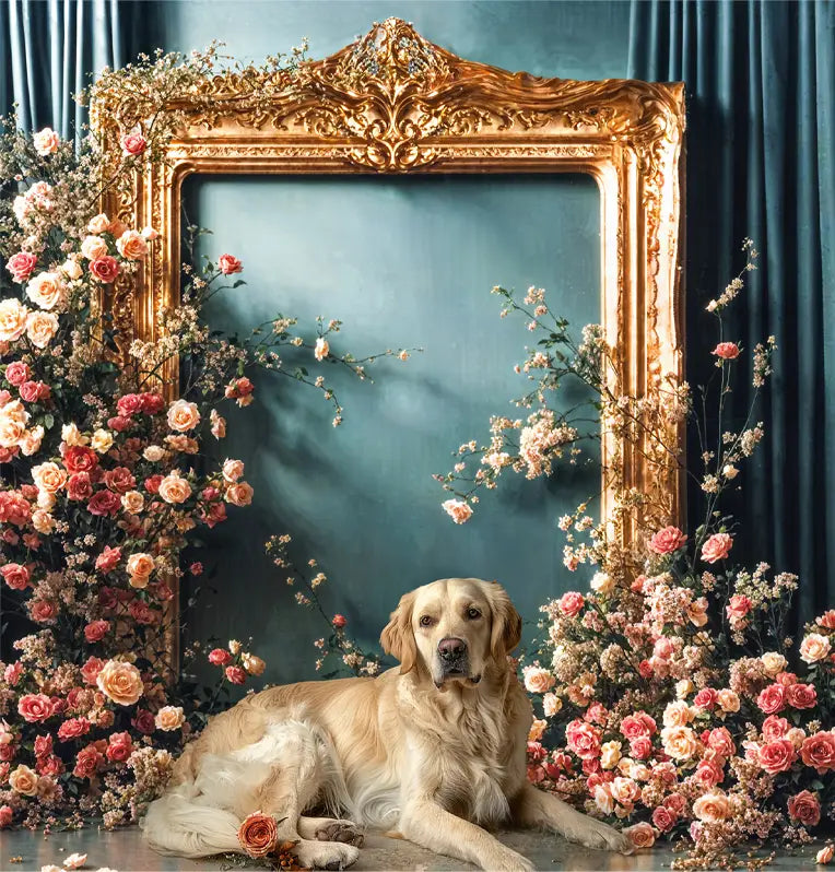 Vintage Kleurrijke Bloemen Gouden Frame Donkergroene Gordijnachtergrond Ontworpen door Emetselch