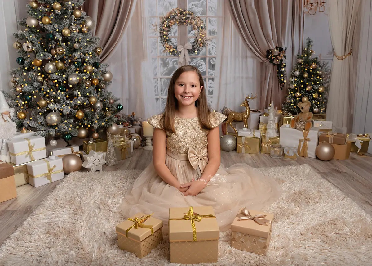 Kate Christmas Beige Curtain White Framed Window Backdrop Designed by Emetselch