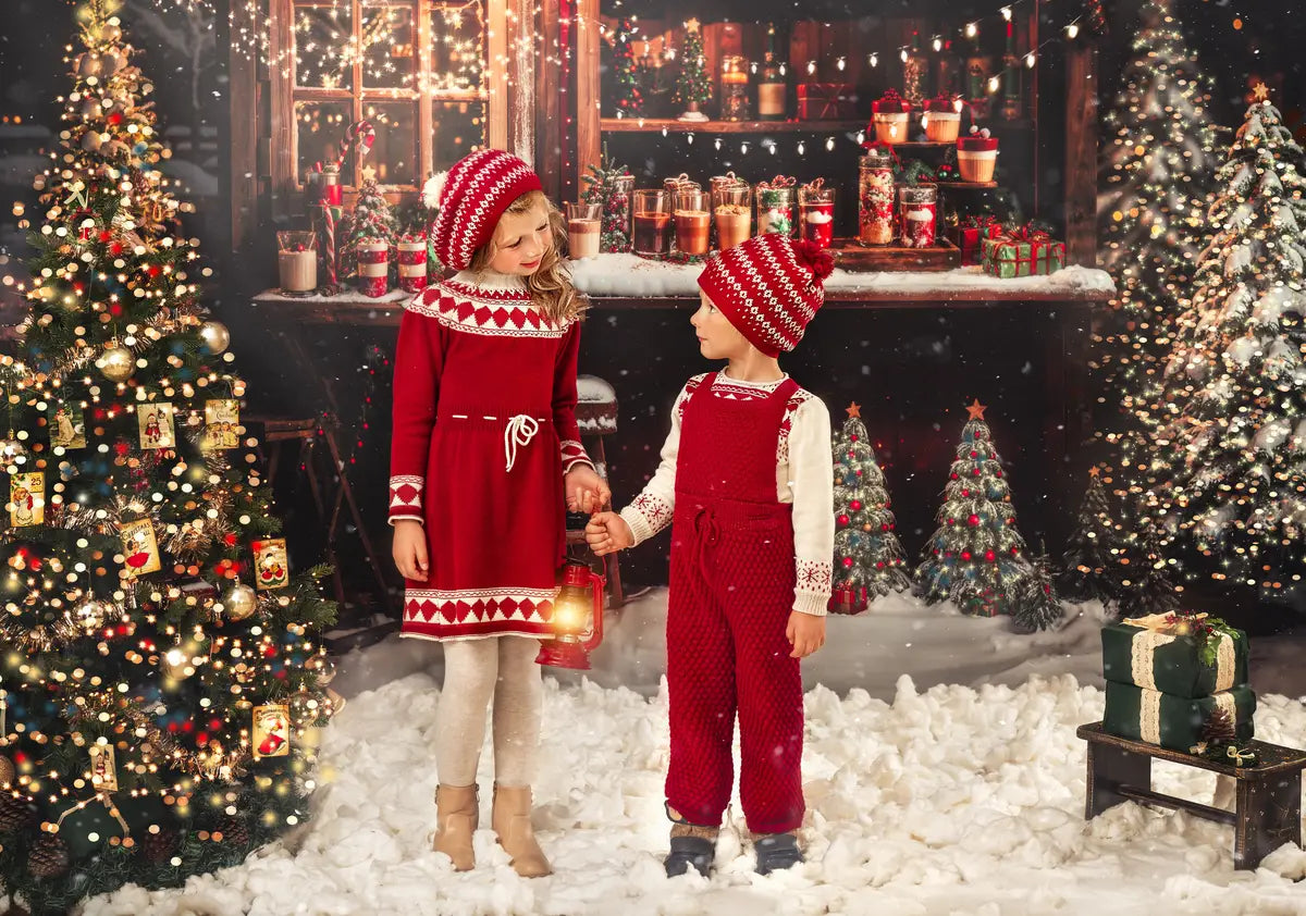 Fondo de Bosque Navideño de Invierno al Aire Libre para un Camión de Comida de Madera Roja y Marrón Diseñado por Emetselch