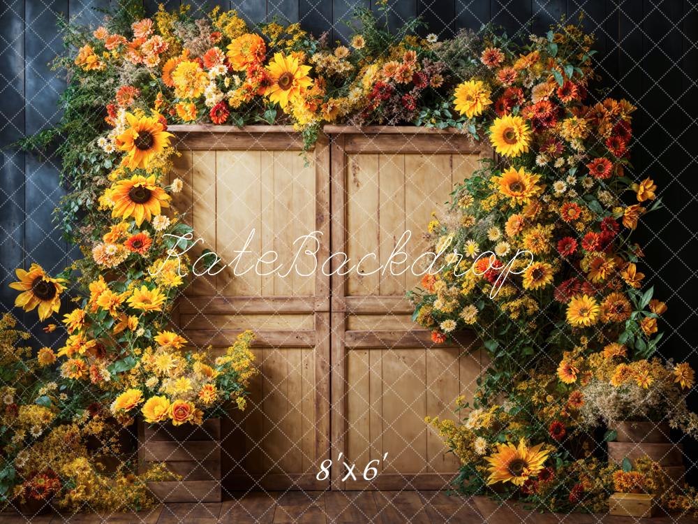 Fondo de puerta de madera con arco de flores coloridas de arte fino Otoño diseñado por Emetselch