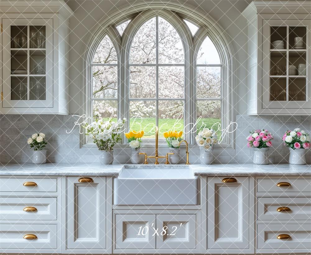 Kate Spring White Kitchen Cabinets Backdrop Designed by Mini MakeBelieve