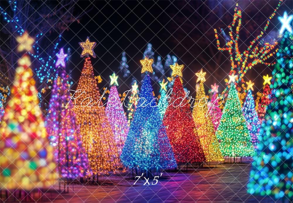 Kate Christmas Night Lighted Colorful Trees Backdrop Designed by Lidia Redekopp