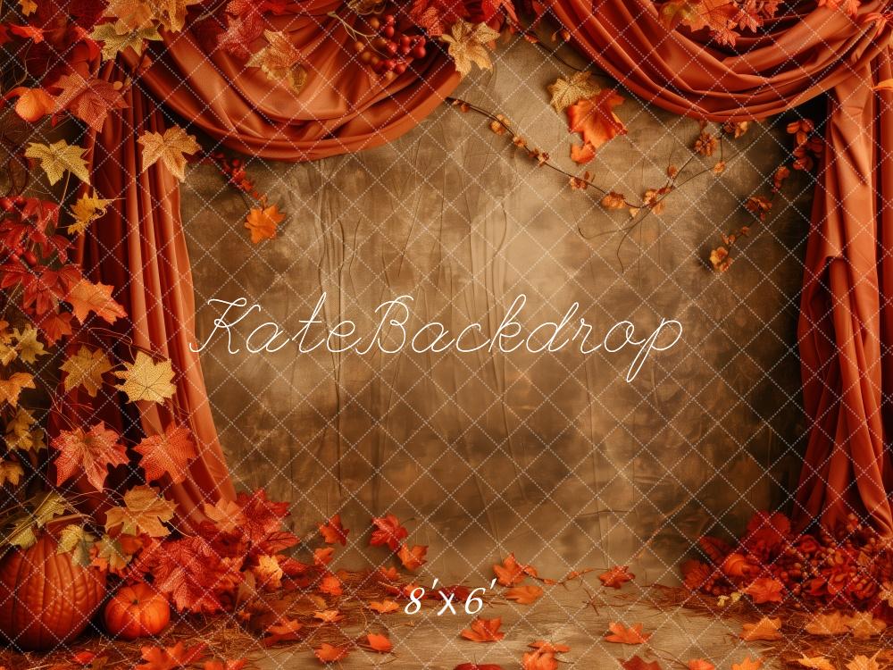 Kate Fall Pumpkin Leaves With Red Draped Curtain Backdrop Designed by Patty Roberts