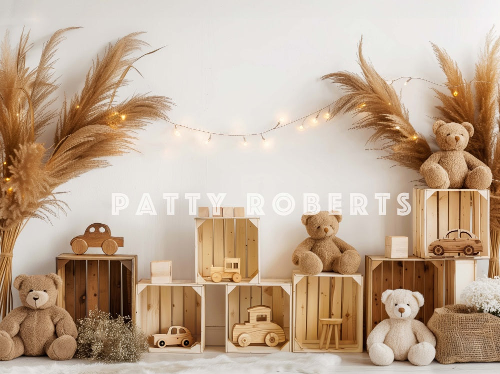 Fondo de madera de coche de oso de peluche bohemio Diseñado por Patty Robert