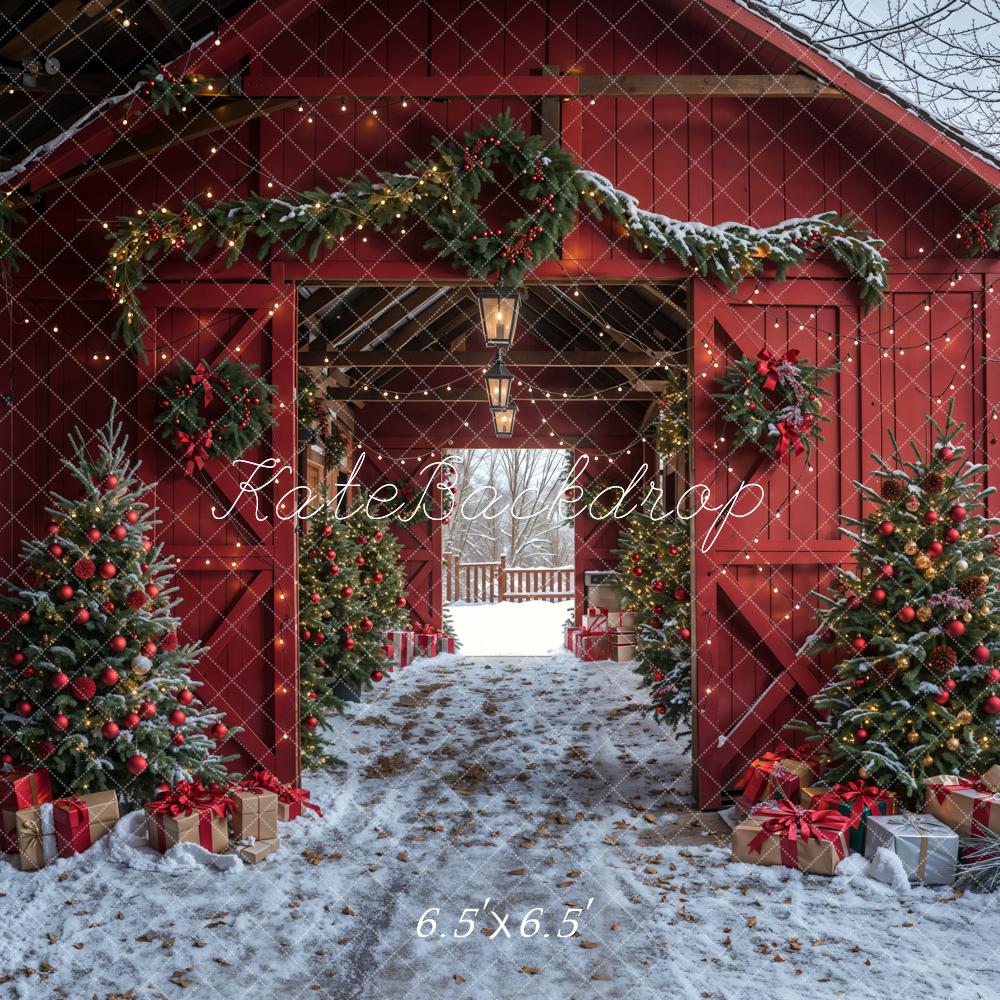 Kate Christmas Red Barn Snow White Backdrop Designed by Emetselch