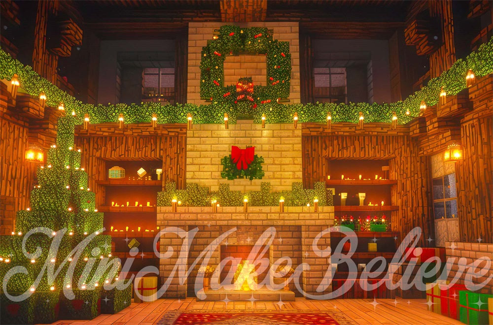 Kate Christmas Brown Brick Fireplace Block Room Backdrop Designed by Mini MakeBelieve