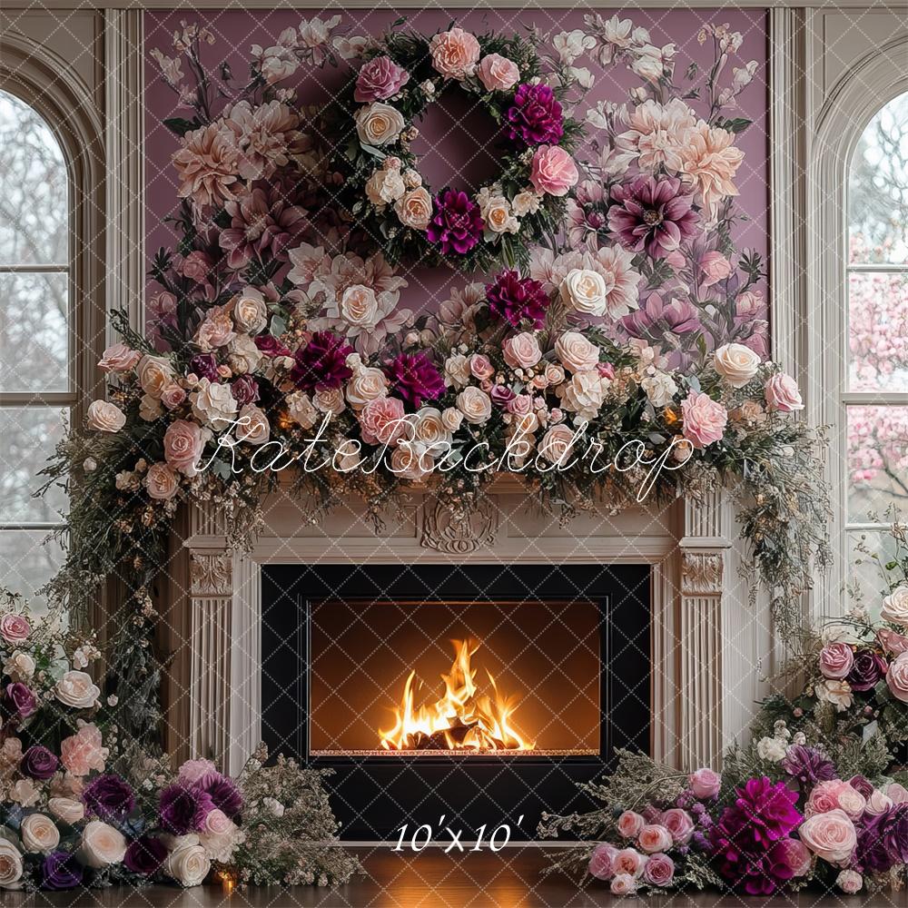 Kate Spring Retro Purple Floral Fireplace Backdrop Designed by Mini MakeBelieve