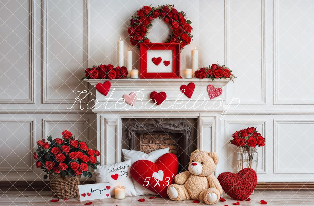 Kate Valentine Fireplace Teddy Bear Roses Backdrop Designed by Emetselch