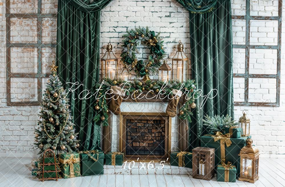 Kate Christmas Green Curtains Fireplace White Walls Backdrop Designed by Emetselch